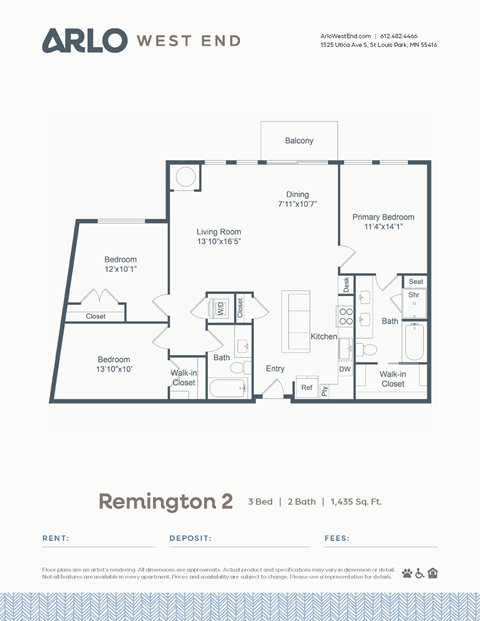 Floor plan for 3 beds, 2 baths, 1435 sqft